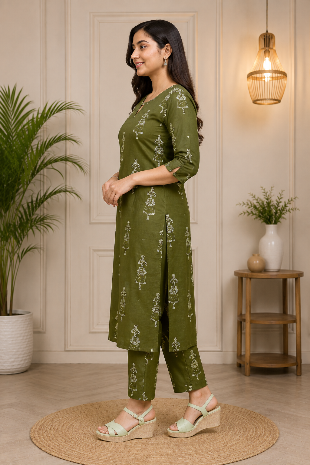 Women's Olive Green Printed Cotton Mix Kurta Pant Set