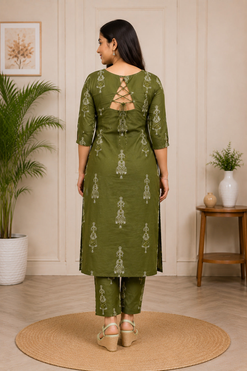Women's Olive Green Printed Cotton Mix Kurta Pant Set