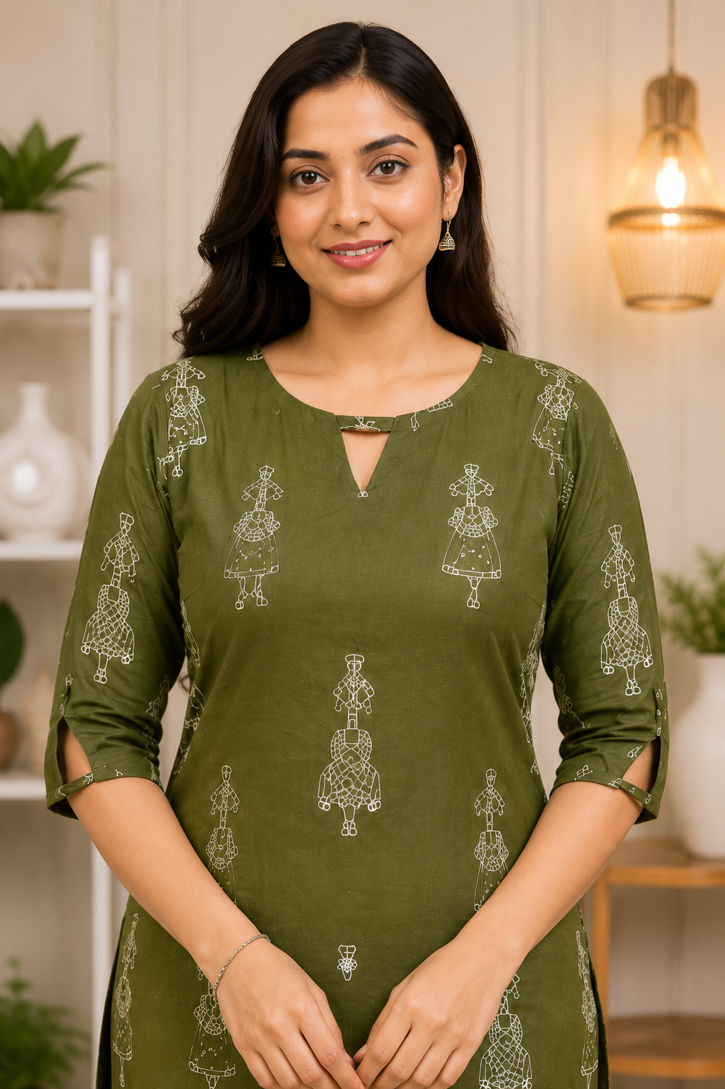 Women's Olive Green Printed Cotton Mix Kurta Pant Set
