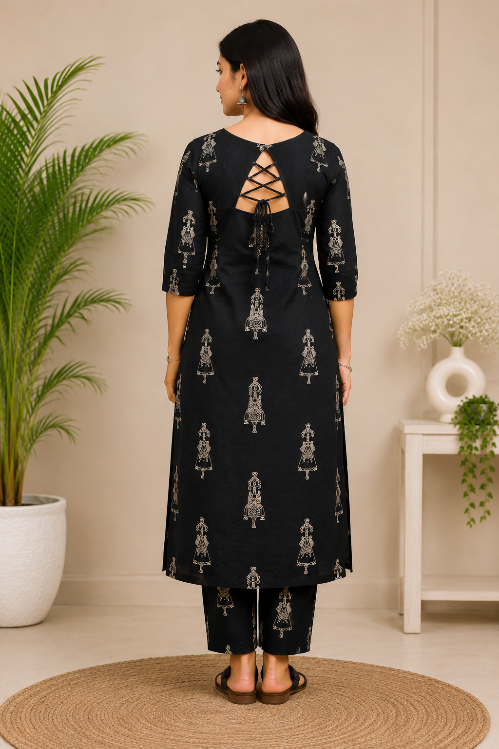 Women's Black Printed Cotton Mix Kurta Pant Set