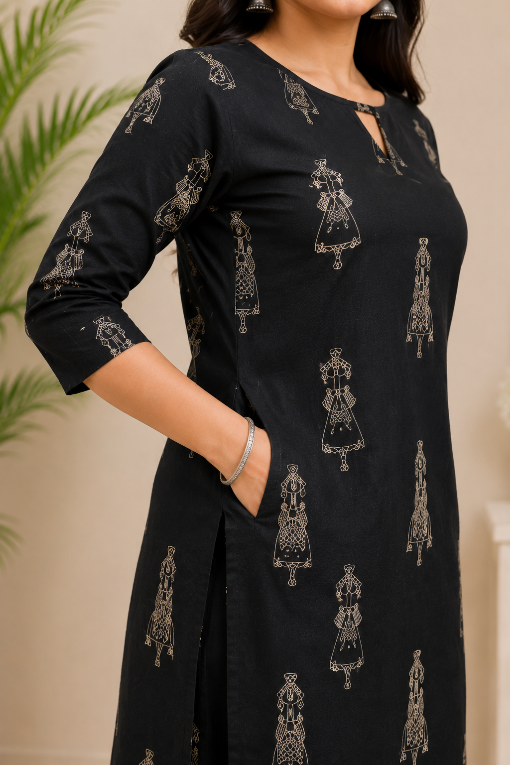 Women's Black Printed Cotton Mix Kurta Pant Set