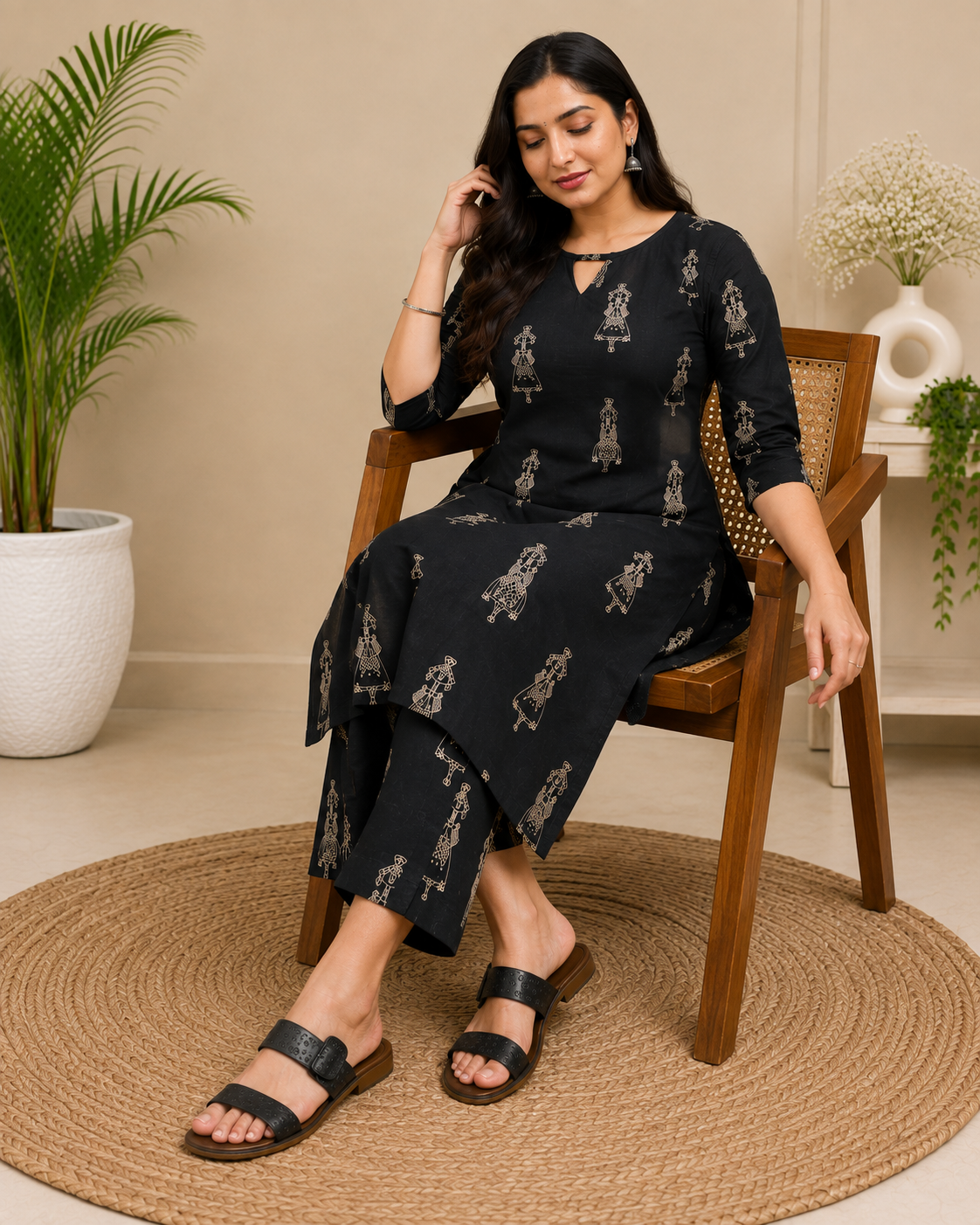Women's Black Printed Cotton Mix Kurta Pant Set