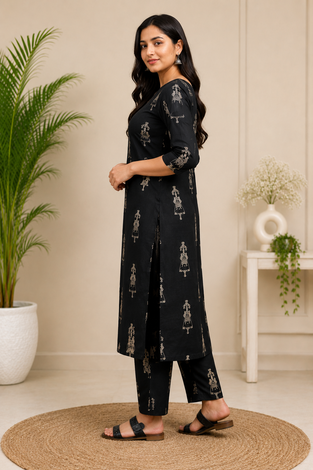 Women's Black Printed Cotton Mix Kurta Pant Set