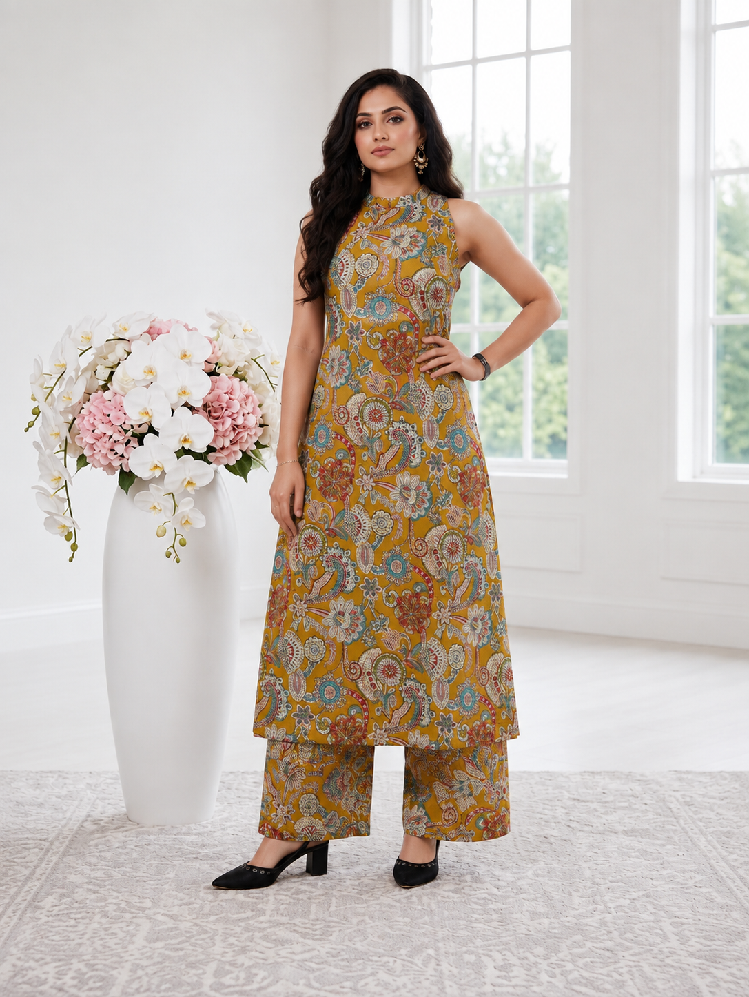 Apolyte Women's Mustard Printed Pure Cotton Co-Ord Set with Palazzo