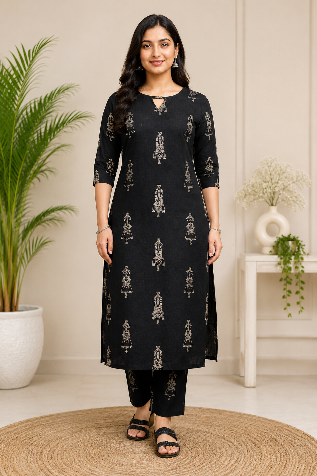 Women's Black Printed Cotton Mix Kurta Pant Set