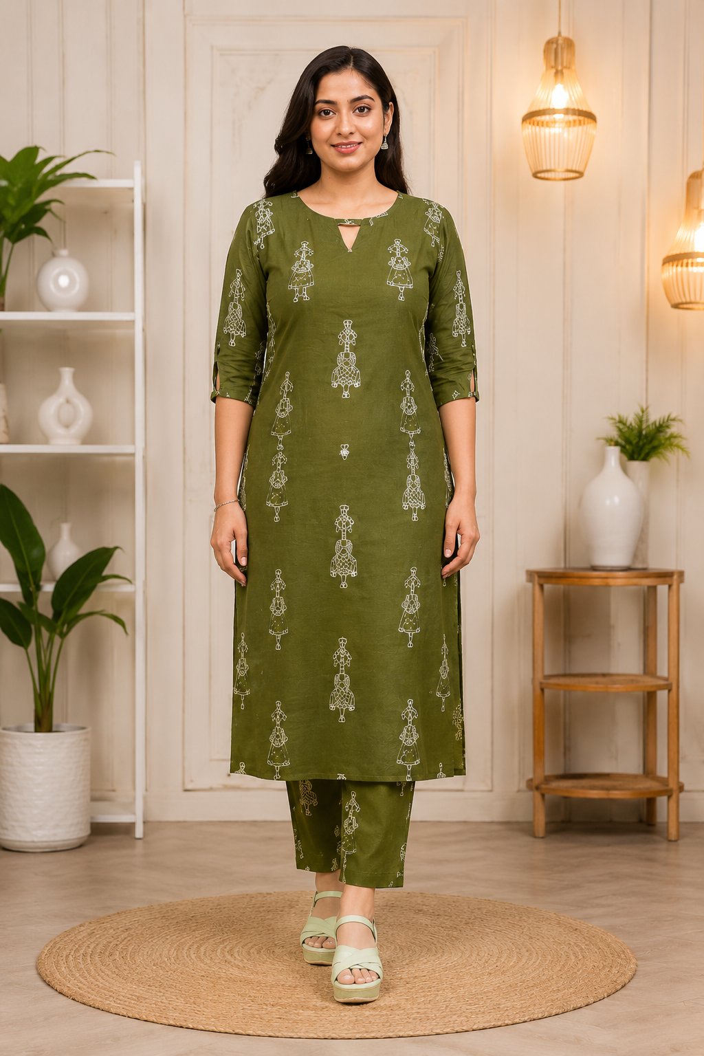 Women's Olive Green Printed Cotton Mix Kurta Pant Set