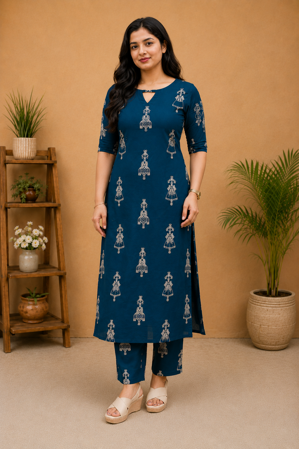 Women's Teal Blue Printed Cotton Mix Kurta Pant Set