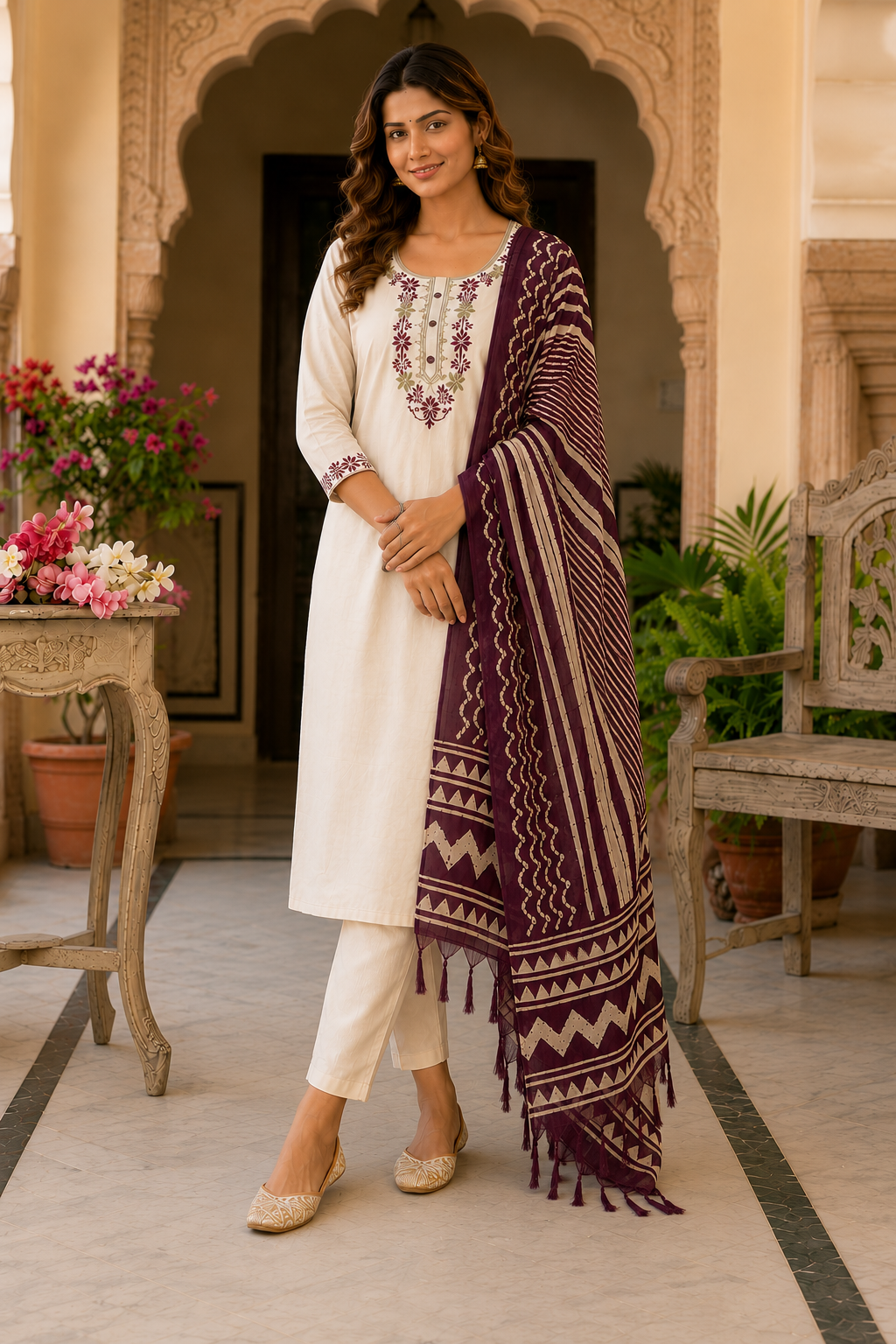 Apolyte Women's Khadi Cotton Embroidered Kurta Pant Set with Bhagalpuri Dupatta | Casual, Office & Festive Wear