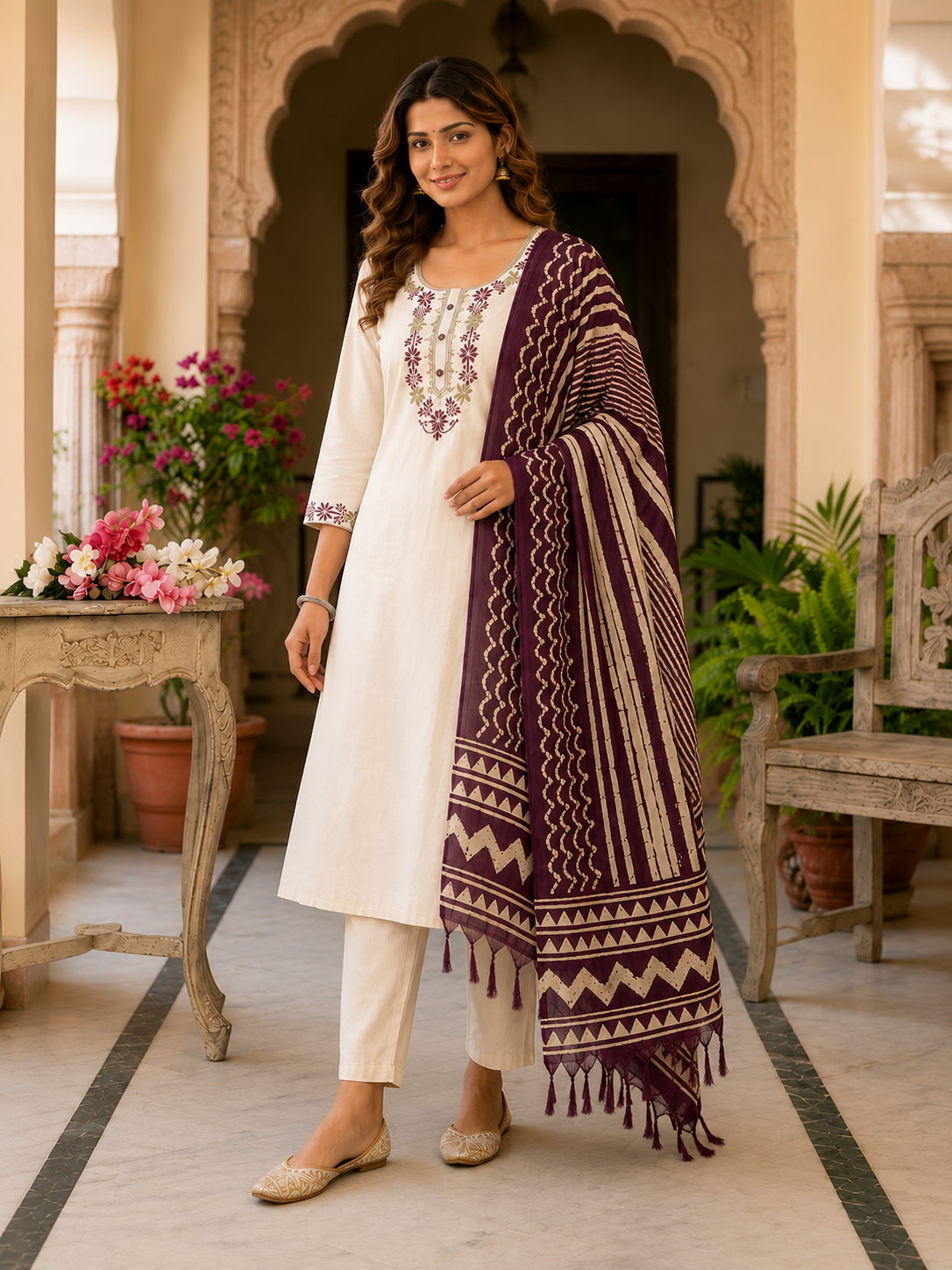 Apolyte Women's Khadi Cotton Embroidered Kurta Pant Set with Bhagalpuri Dupatta | Casual, Office & Festive Wear