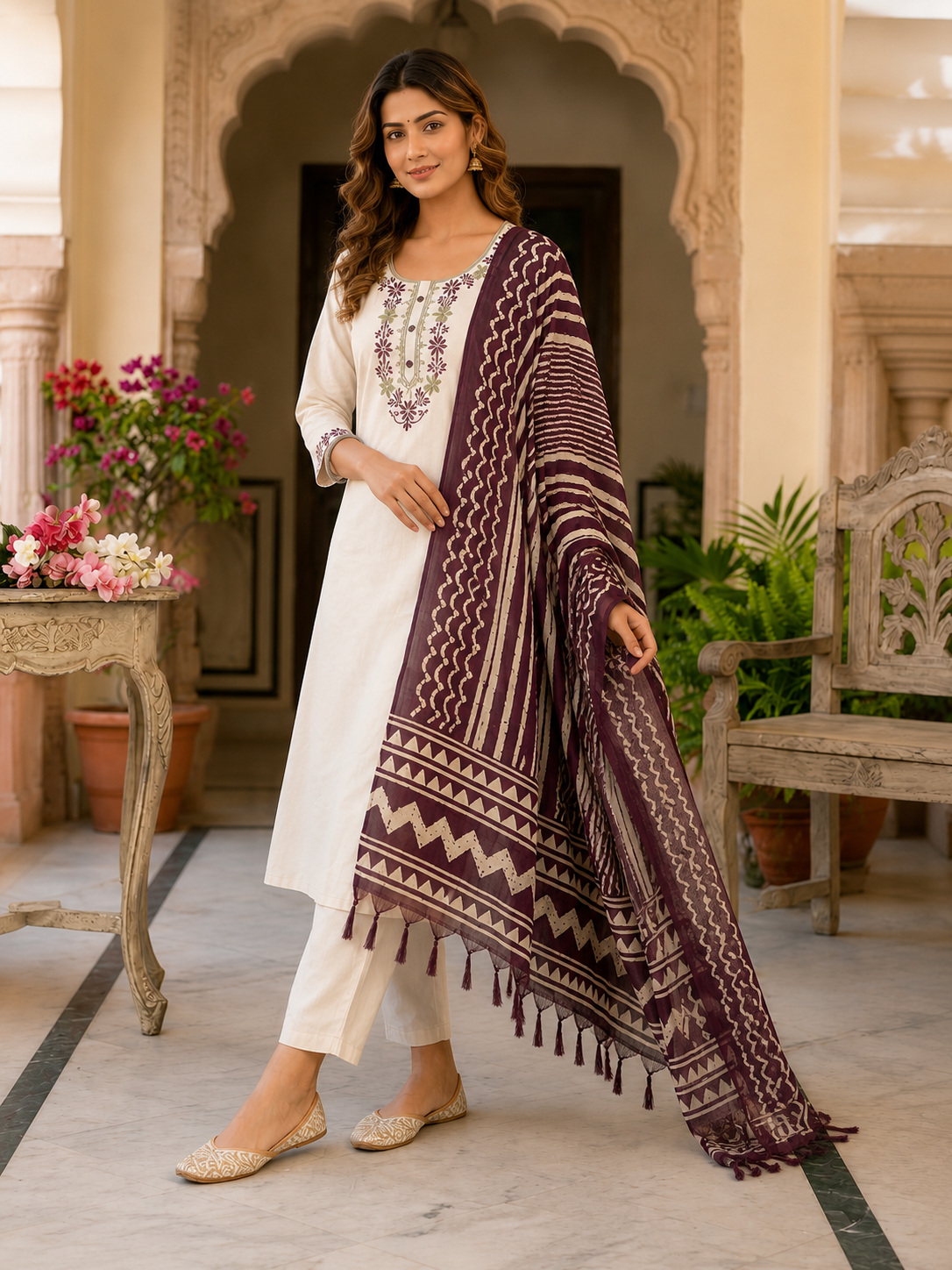 Apolyte Women's Khadi Cotton Embroidered Kurta Pant Set with Bhagalpuri Dupatta | Casual, Office & Festive Wear