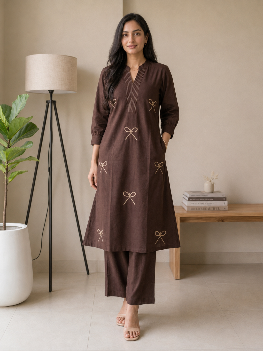 Brown Embroidered Cotton A-Line Kurta Palazzo Co-ord Set