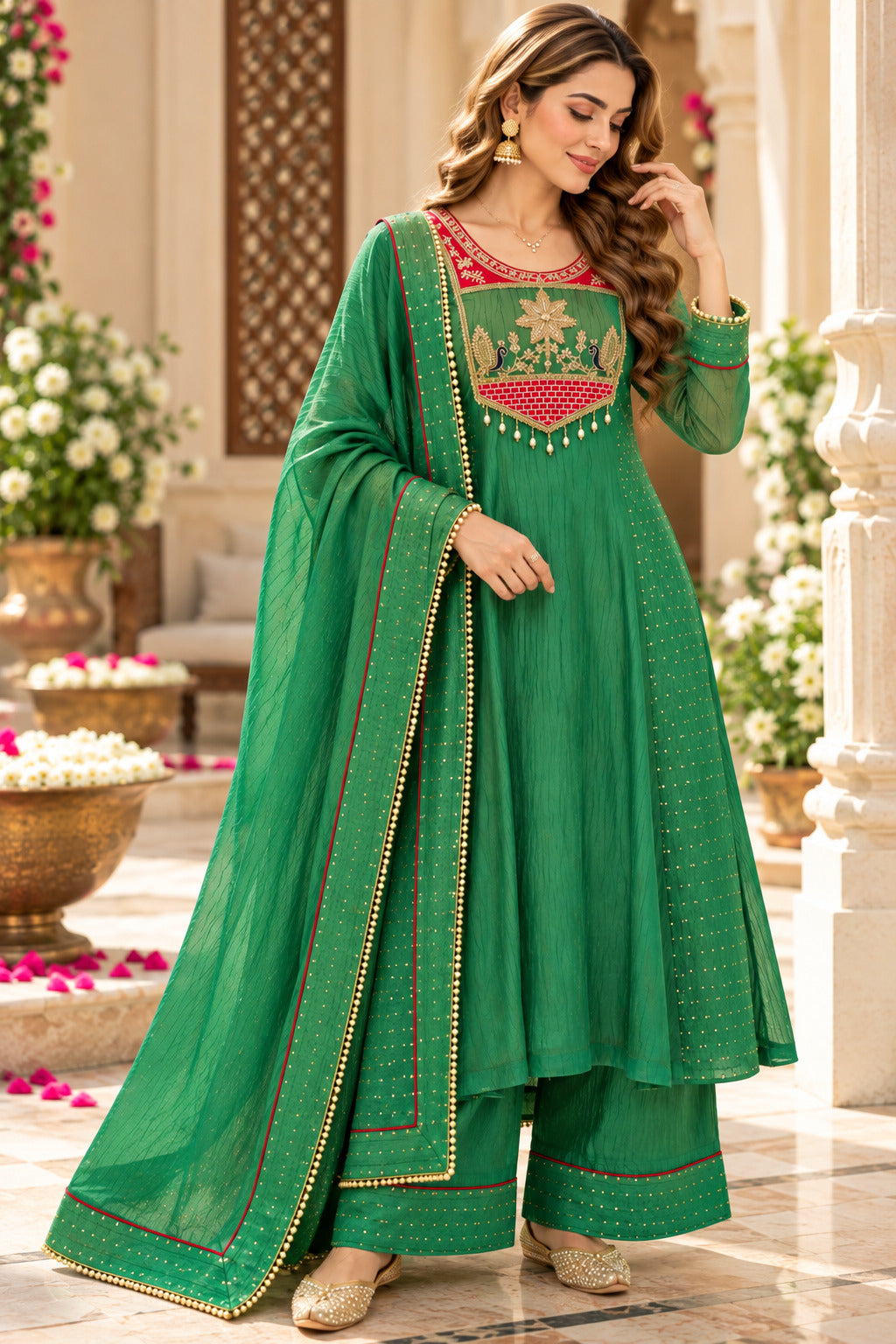 Women’s Green Embroidered Silk Kurta Set with Dupatta