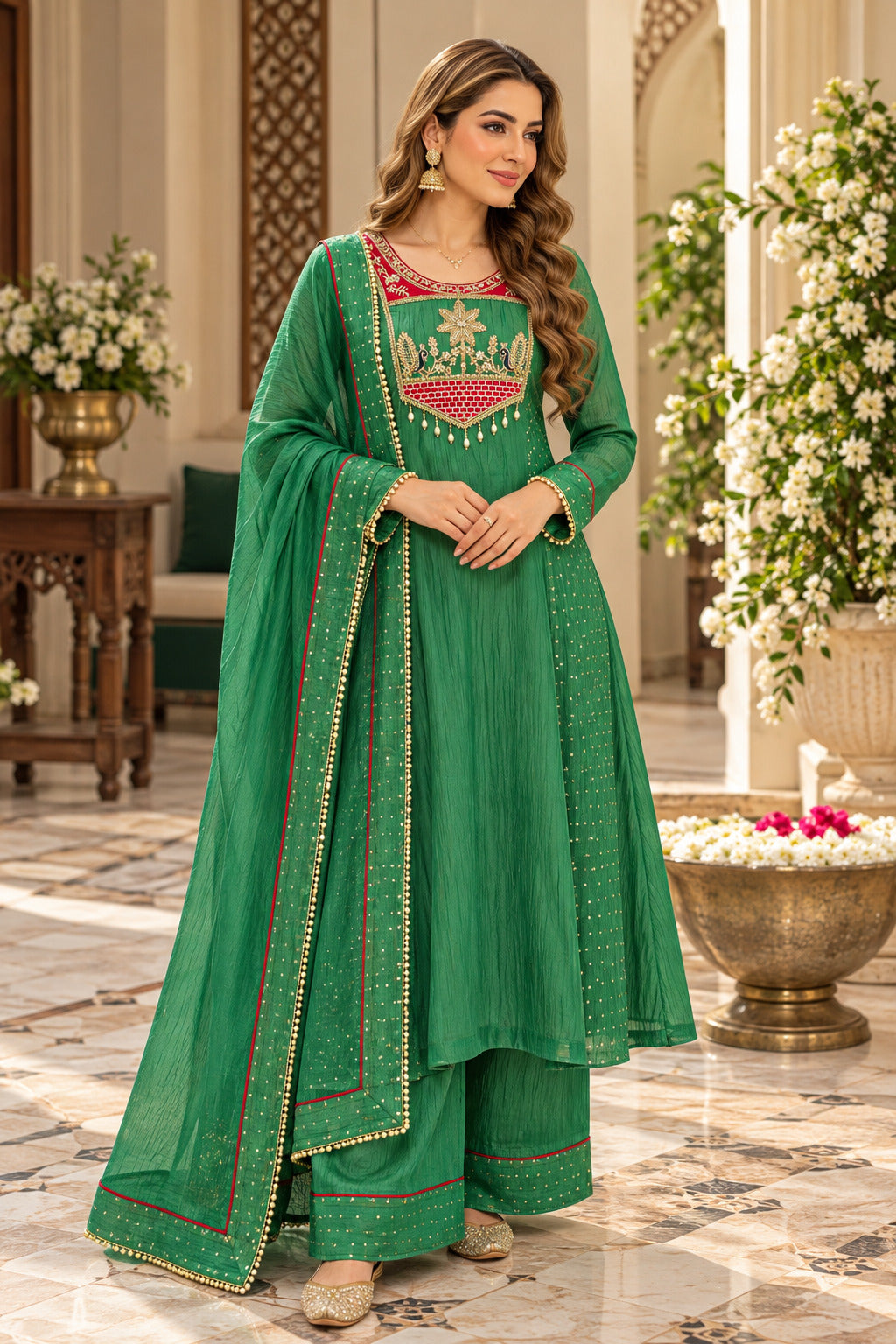 Women’s Green Embroidered Silk Kurta Set with Dupatta