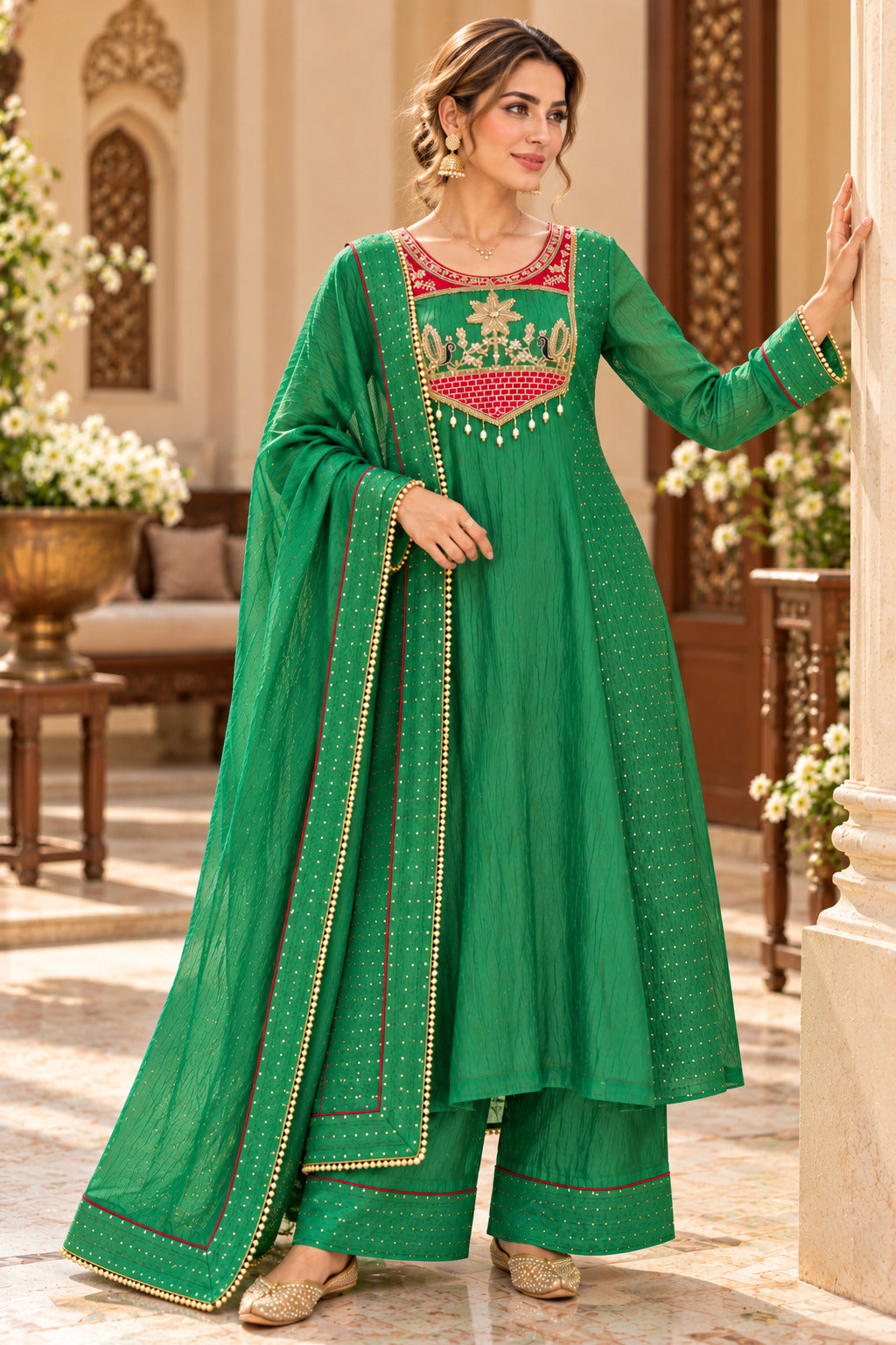 Women’s Green Embroidered Silk Kurta Set with Dupatta