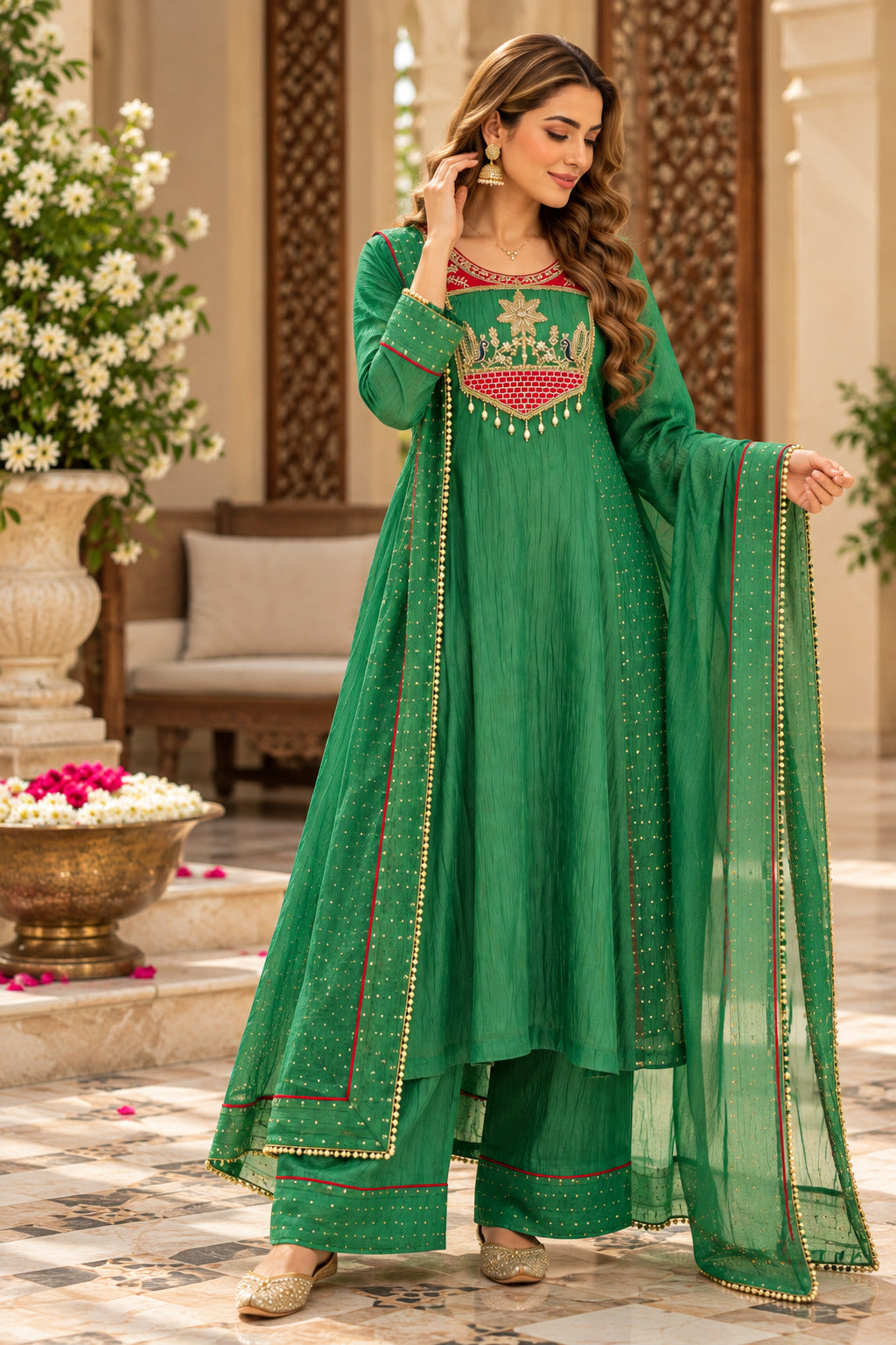 Women’s Green Embroidered Silk Kurta Set with Dupatta