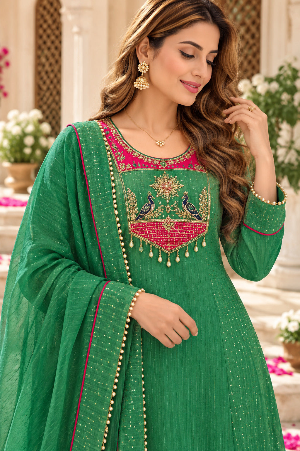 Women’s Green Embroidered Silk Kurta Set with Dupatta