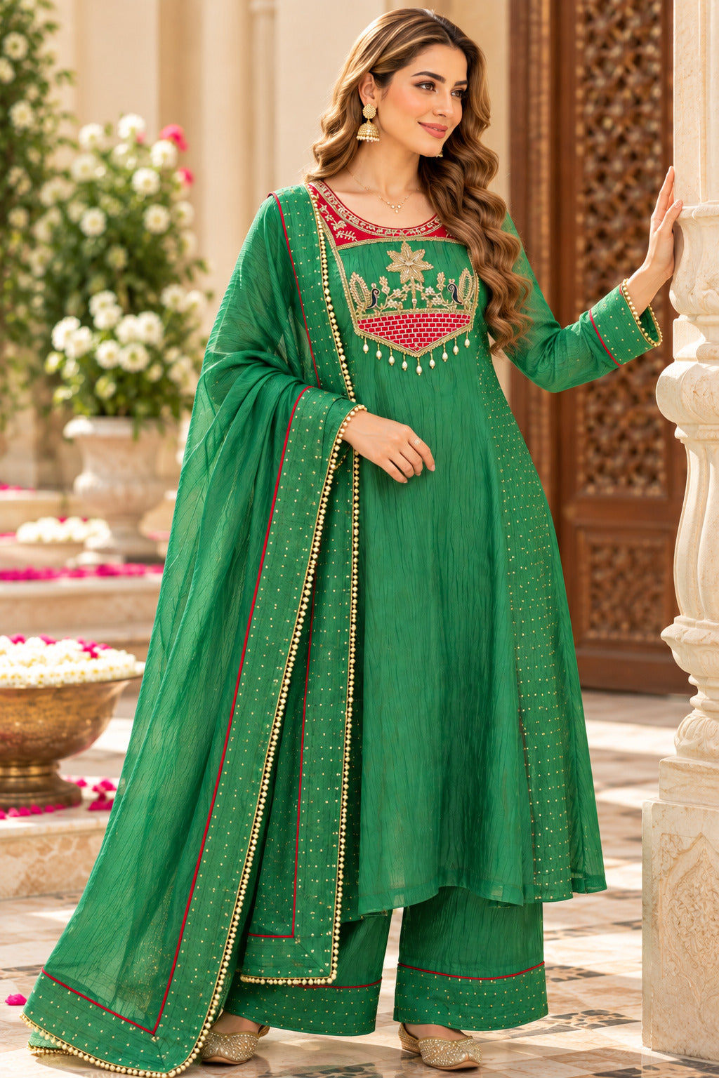 Women’s Green Embroidered Silk Kurta Set with Dupatta