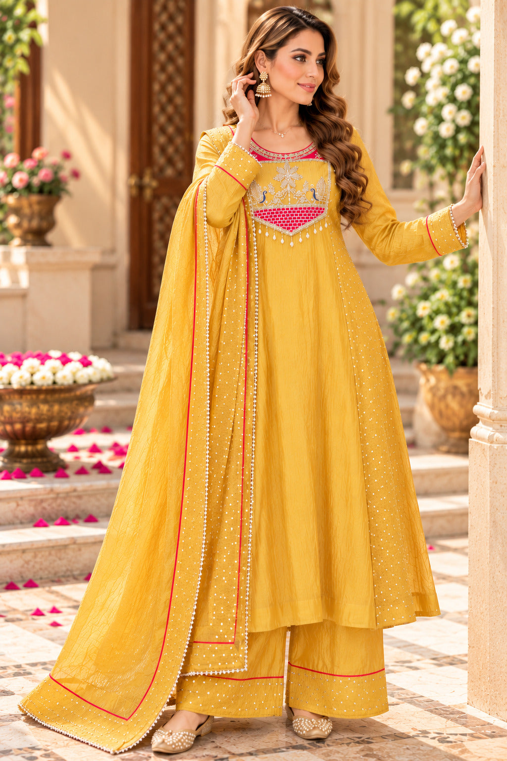 Women’s Mustard Embroidered Silk Kurta Set with Dupatta