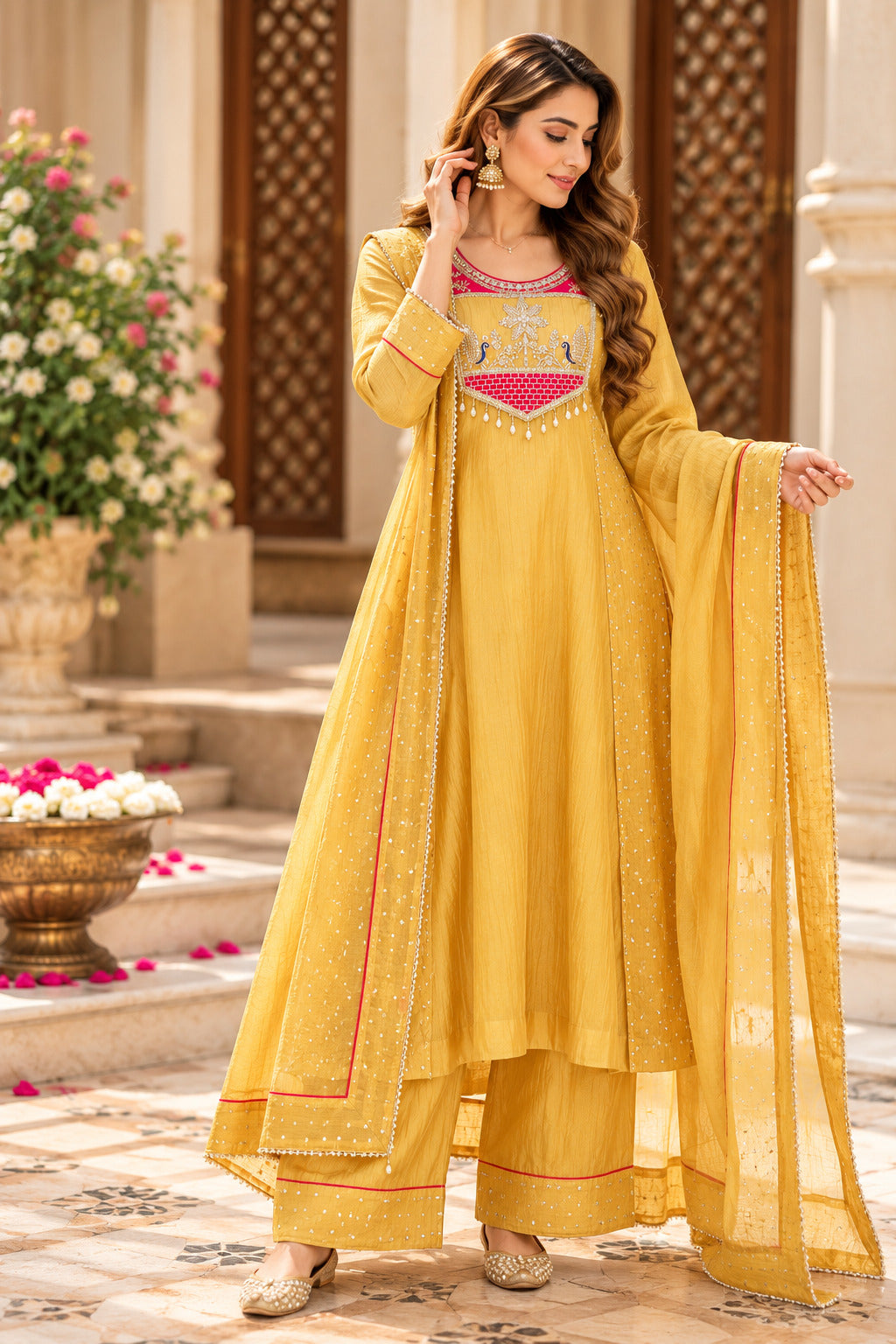Women’s Mustard Embroidered Silk Kurta Set with Dupatta