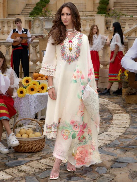 Off White Embroidered A-Line Kurta Trousers With Dupatta