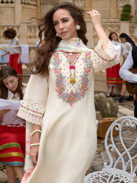 Off White Embroidered A-Line Kurta Trousers With Dupatta