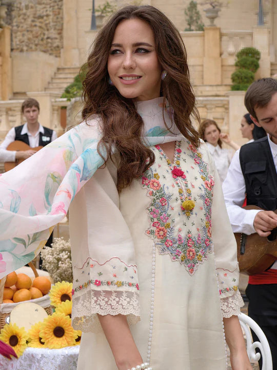 Off White Embroidered A-Line Kurta Trousers With Dupatta