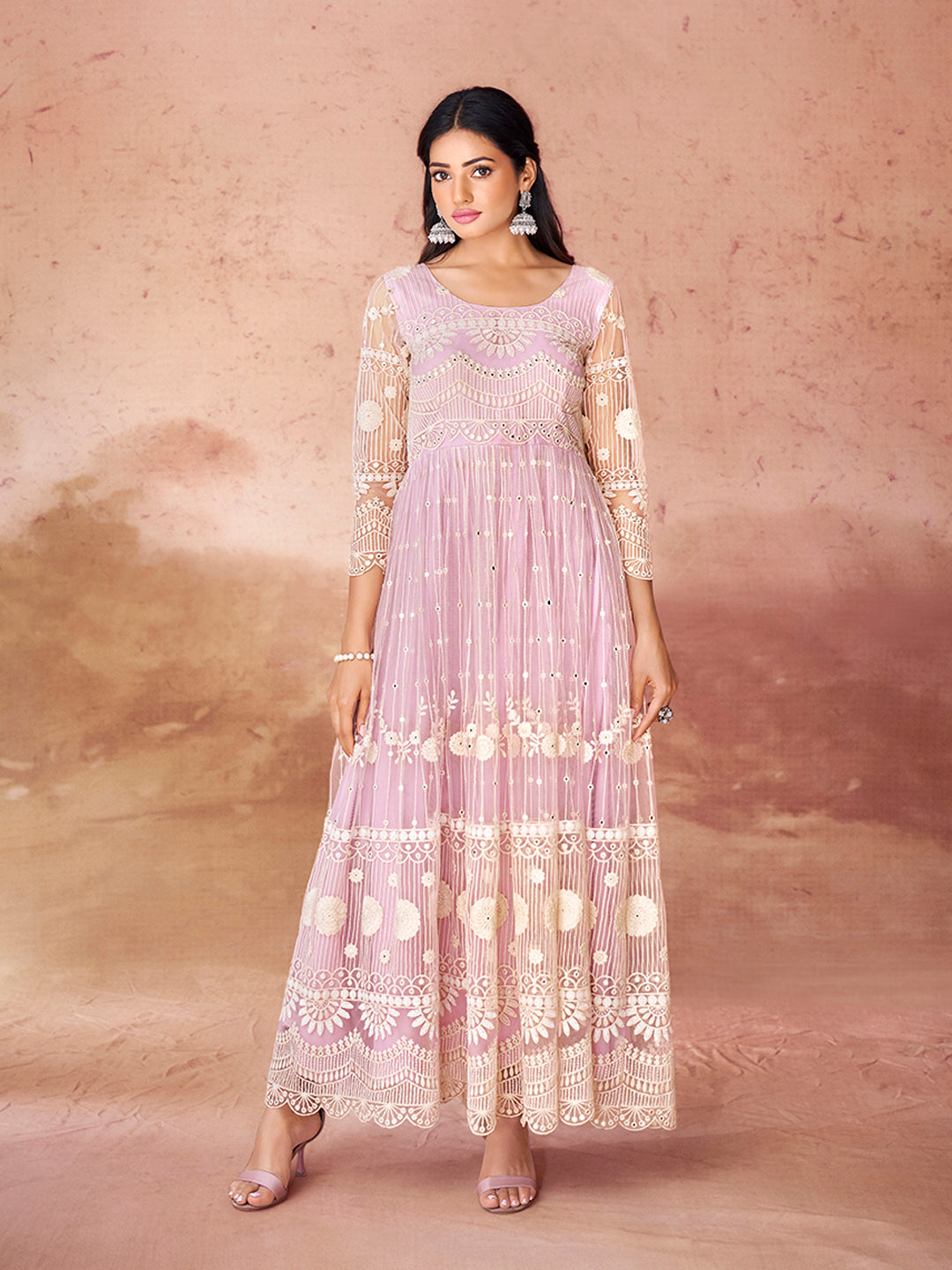 Baby Pink Embroidered Net Anarkali Gown