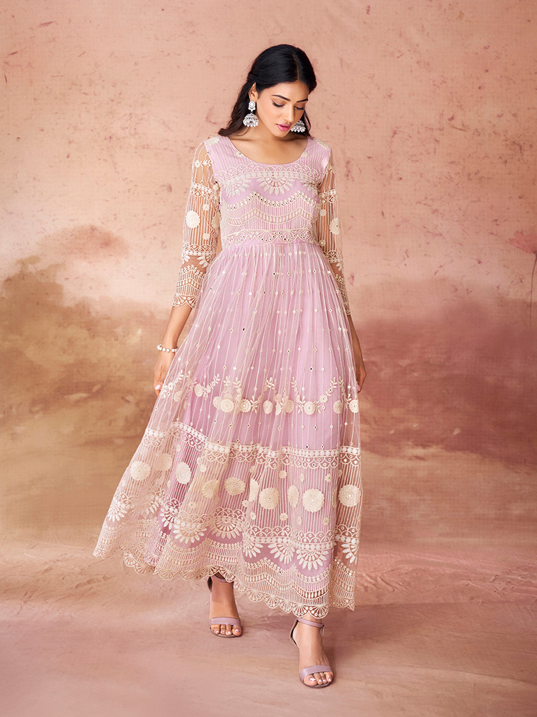 Baby Pink Embroidered Net Anarkali Gown