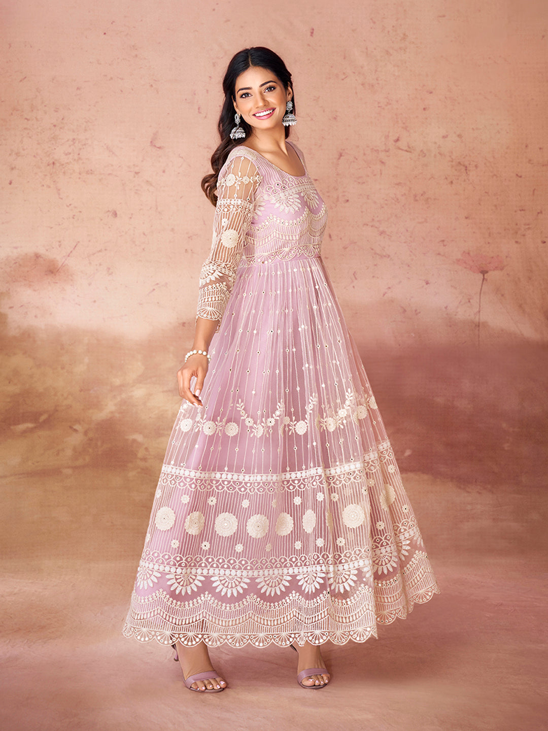 Baby Pink Embroidered Net Anarkali Gown