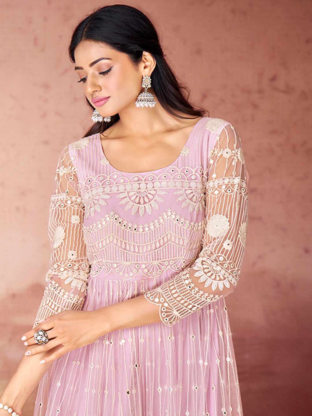 Baby Pink Embroidered Net Anarkali Gown