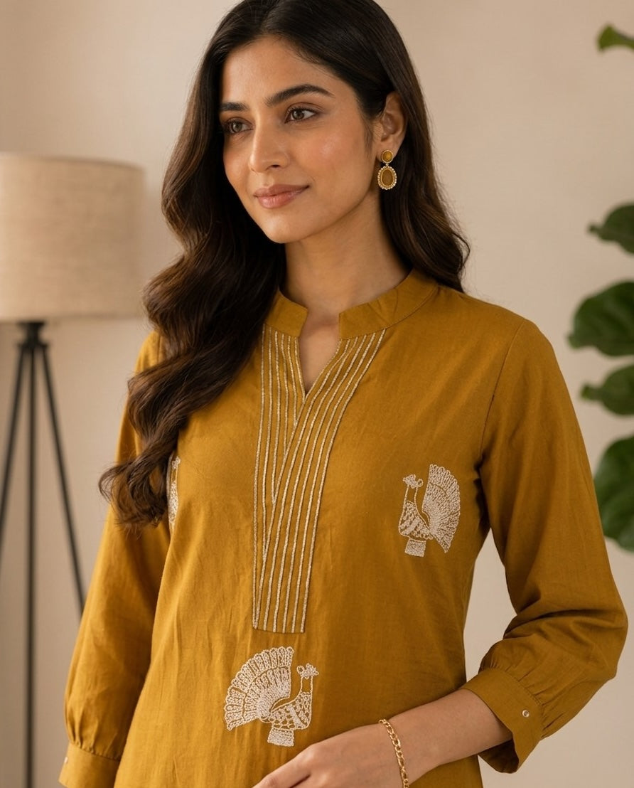 Apolyte Women's Embroidered A-Line Voile Cotton Co-Ord Set with Palazzo - Mustard