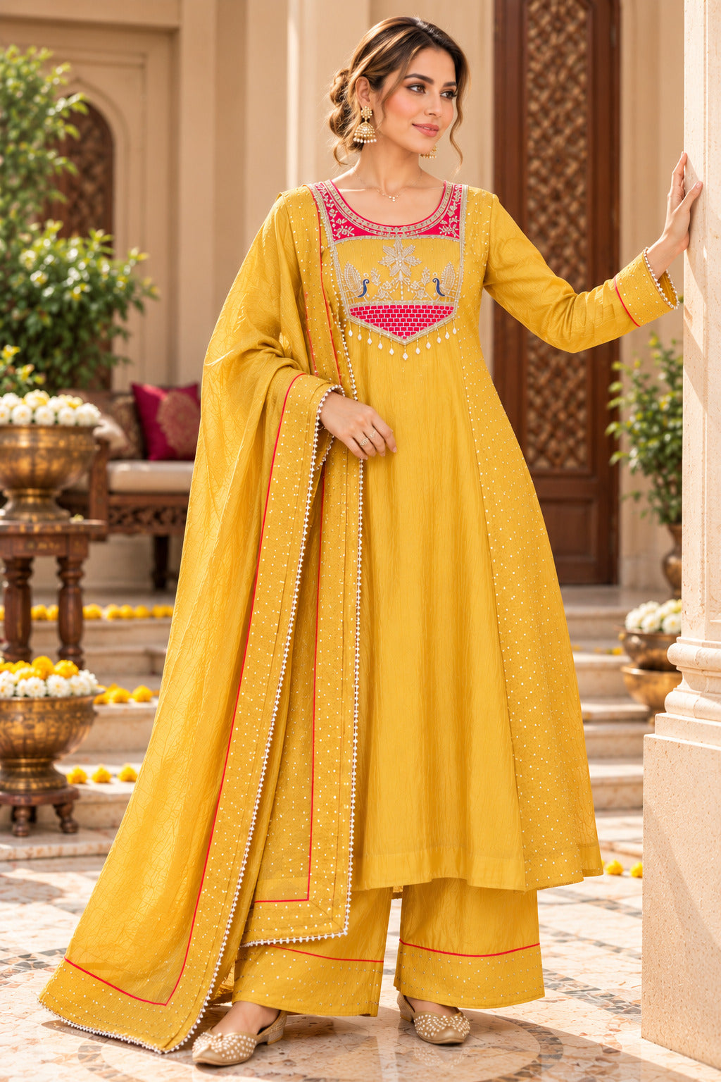 Women’s Mustard Embroidered Silk Kurta Set with Dupatta