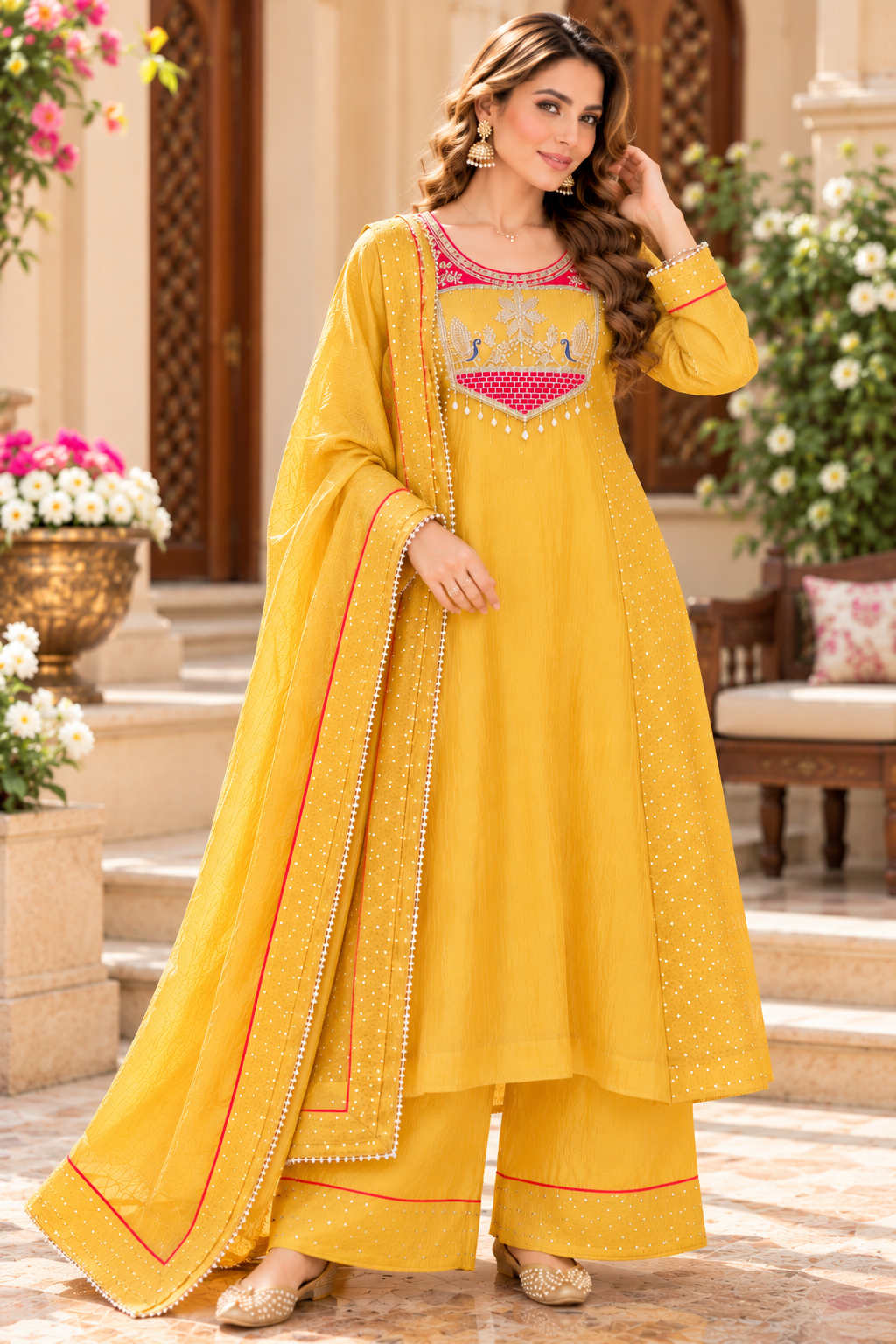 Women’s Mustard Embroidered Silk Kurta Set with Dupatta