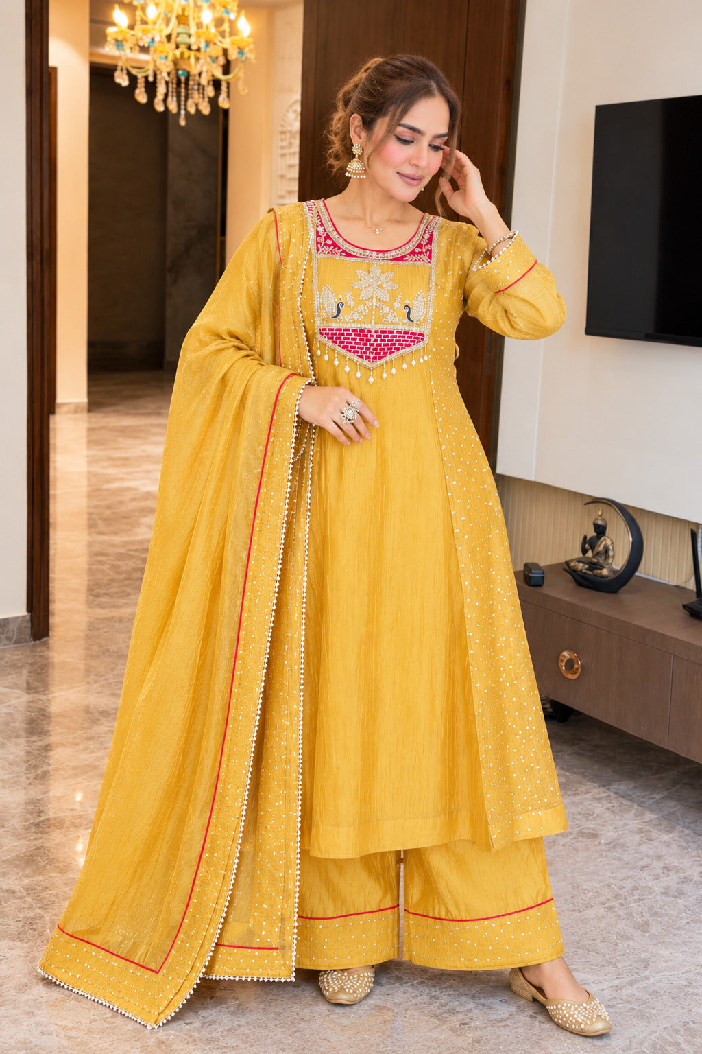 Women’s Mustard Embroidered Silk Kurta Set with Dupatta