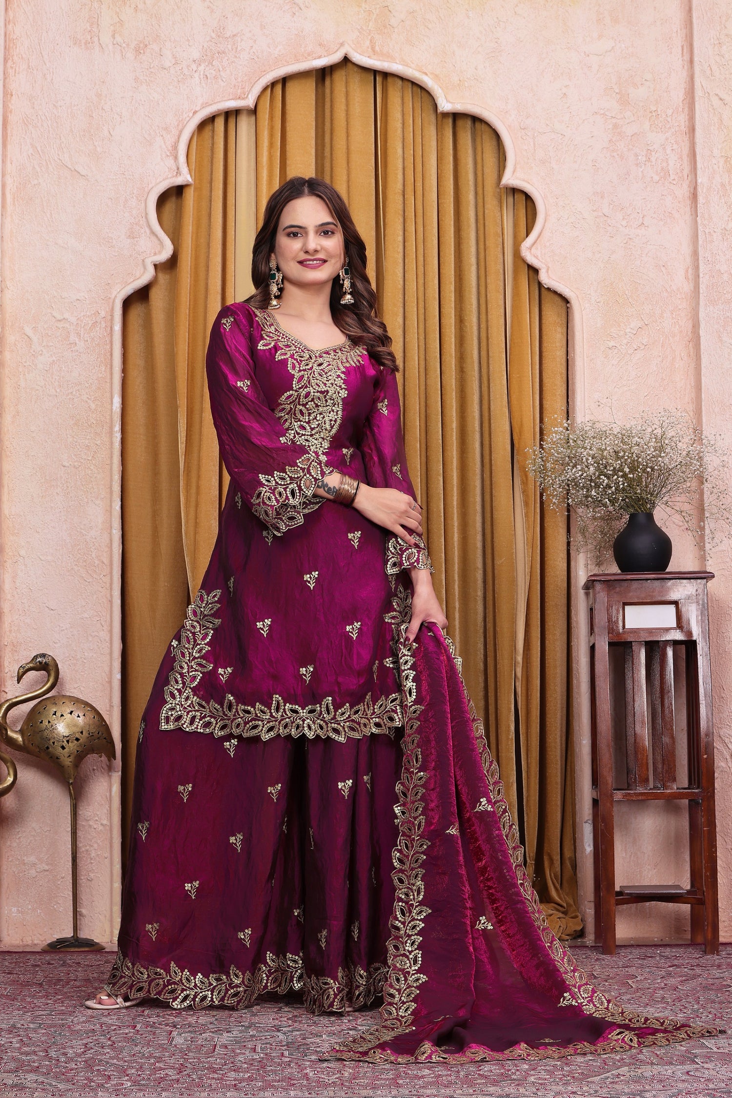 Women's Designer Embroidered Fendy Silk Sharara Suit Set with Dupatta