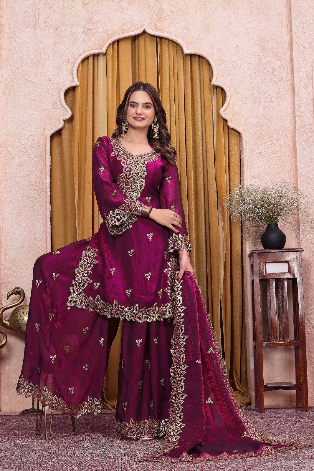 Women's Designer Embroidered Fendy Silk Sharara Suit Set with Dupatta