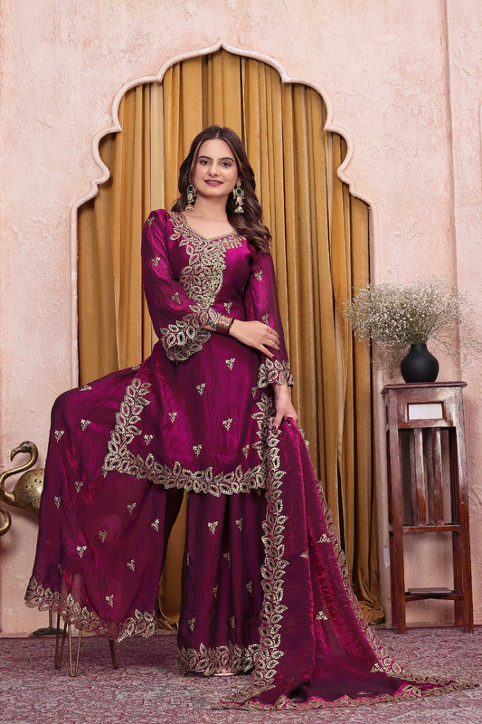 Women's Designer Embroidered Fendy Silk Sharara Suit Set with Dupatta