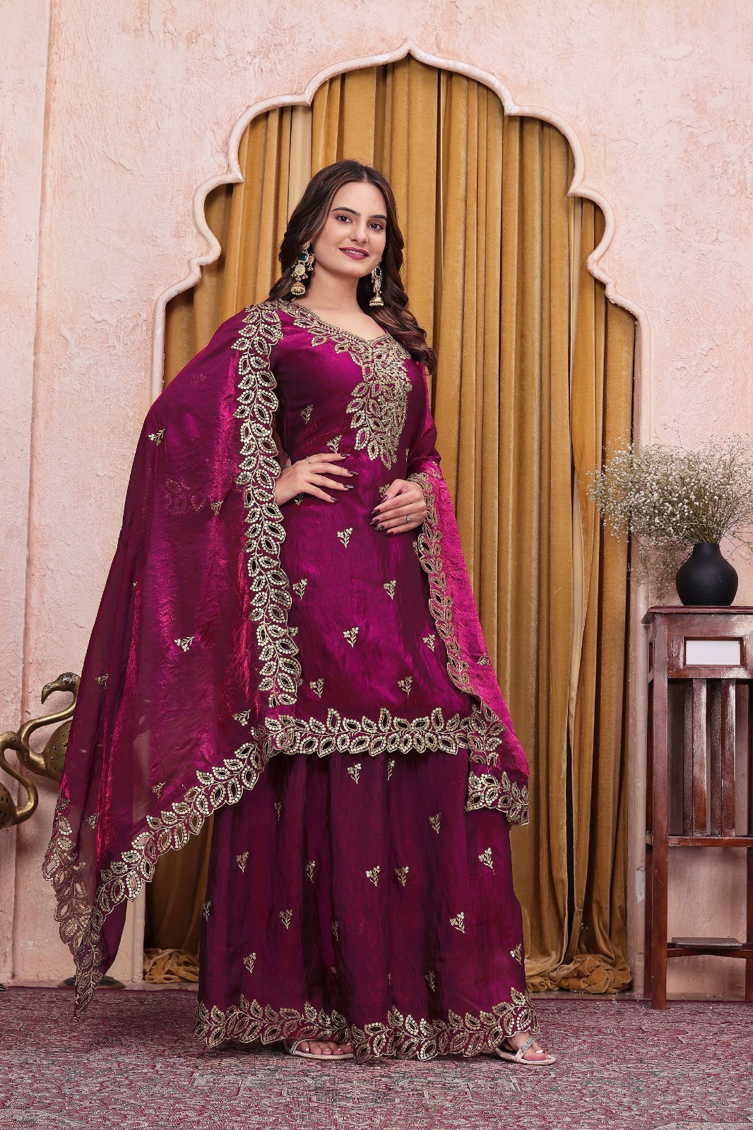 Women's Designer Embroidered Fendy Silk Sharara Suit Set with Dupatta