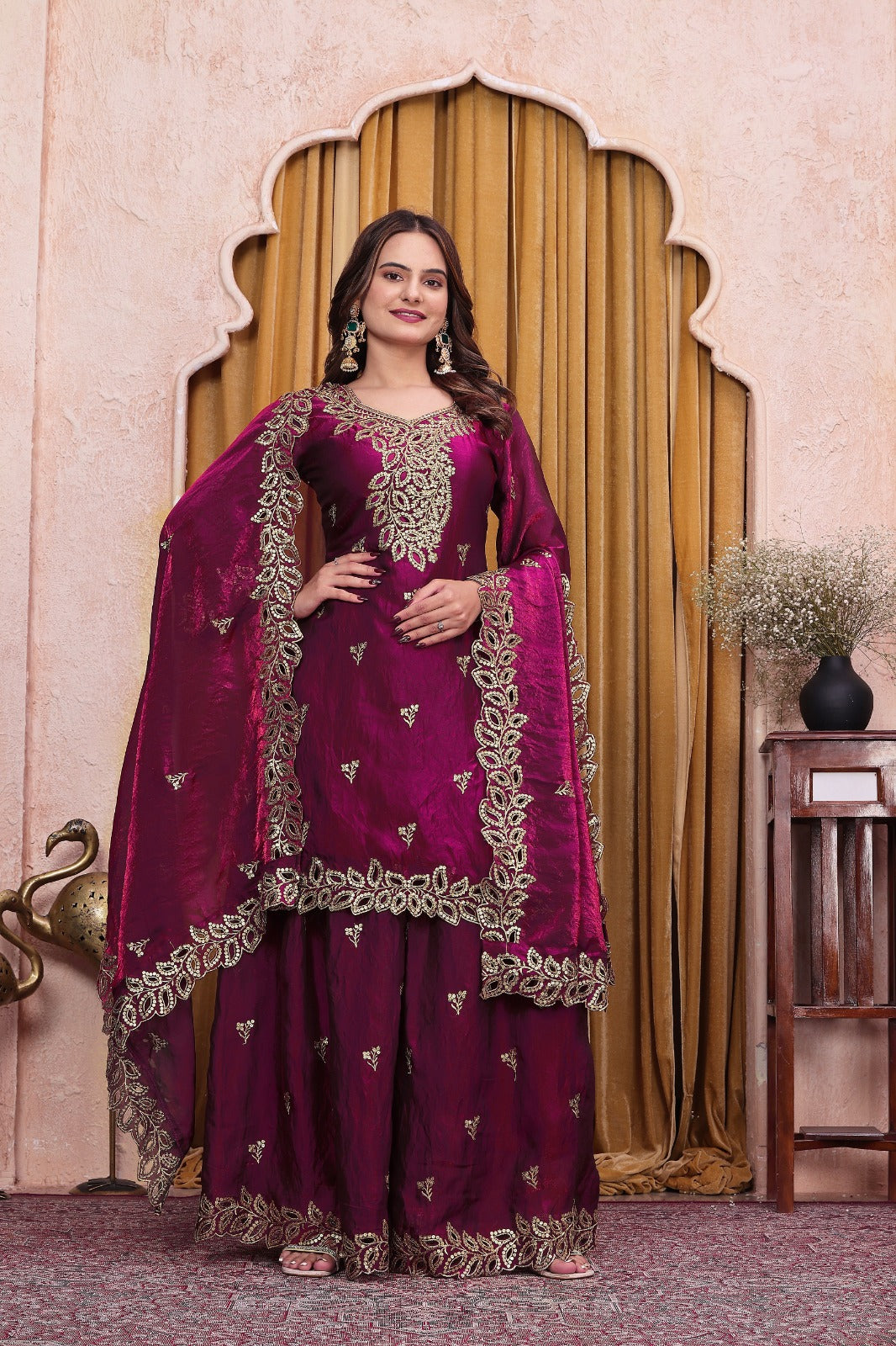 Women's Designer Embroidered Fendy Silk Sharara Suit Set with Dupatta