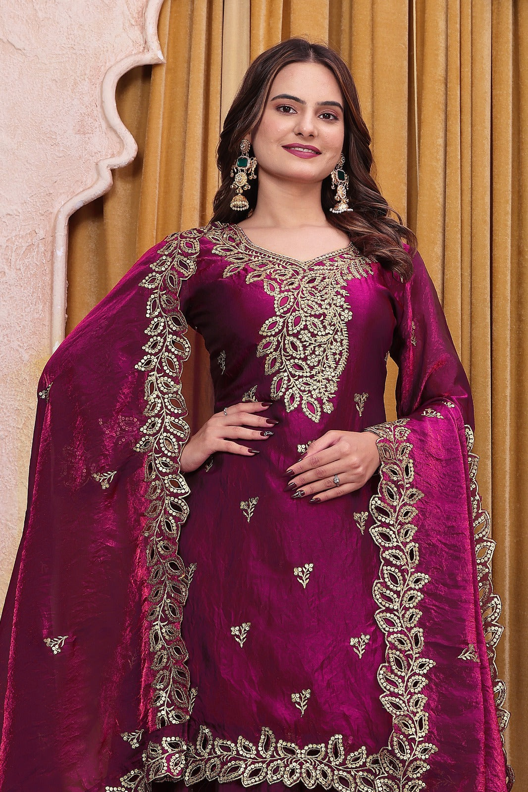 Women's Designer Embroidered Fendy Silk Sharara Suit Set with Dupatta