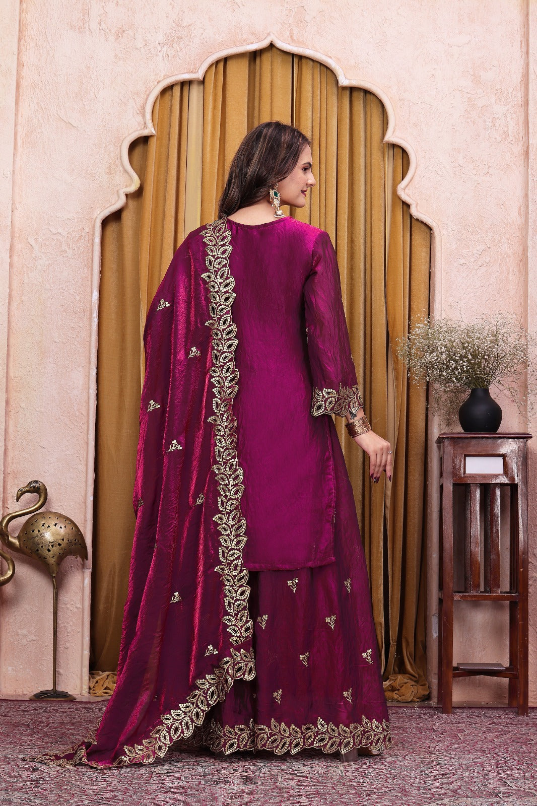 Women's Designer Embroidered Fendy Silk Sharara Suit Set with Dupatta