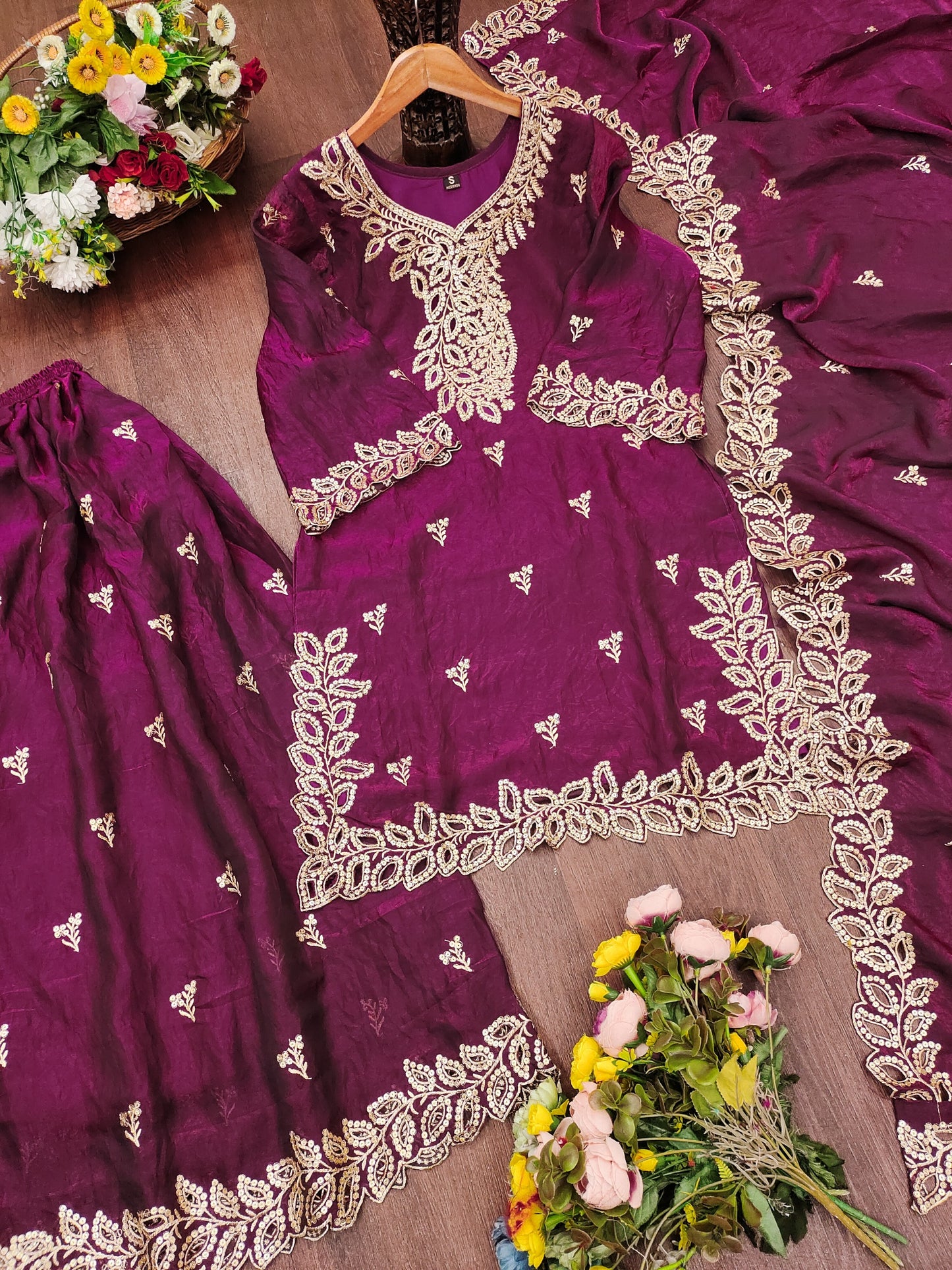 Women's Designer Embroidered Fendy Silk Sharara Suit Set with Dupatta