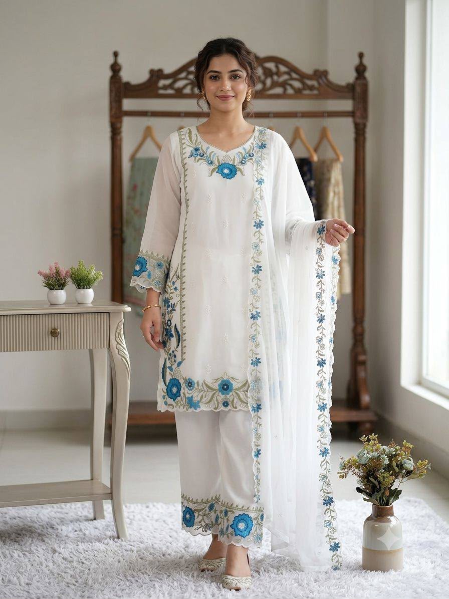 Traditional Embroidered Fox Georgette Kurta Palazzo Set