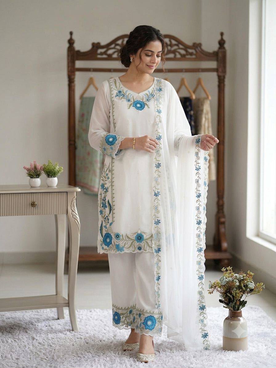 Traditional Embroidered Fox Georgette Kurta Palazzo Set