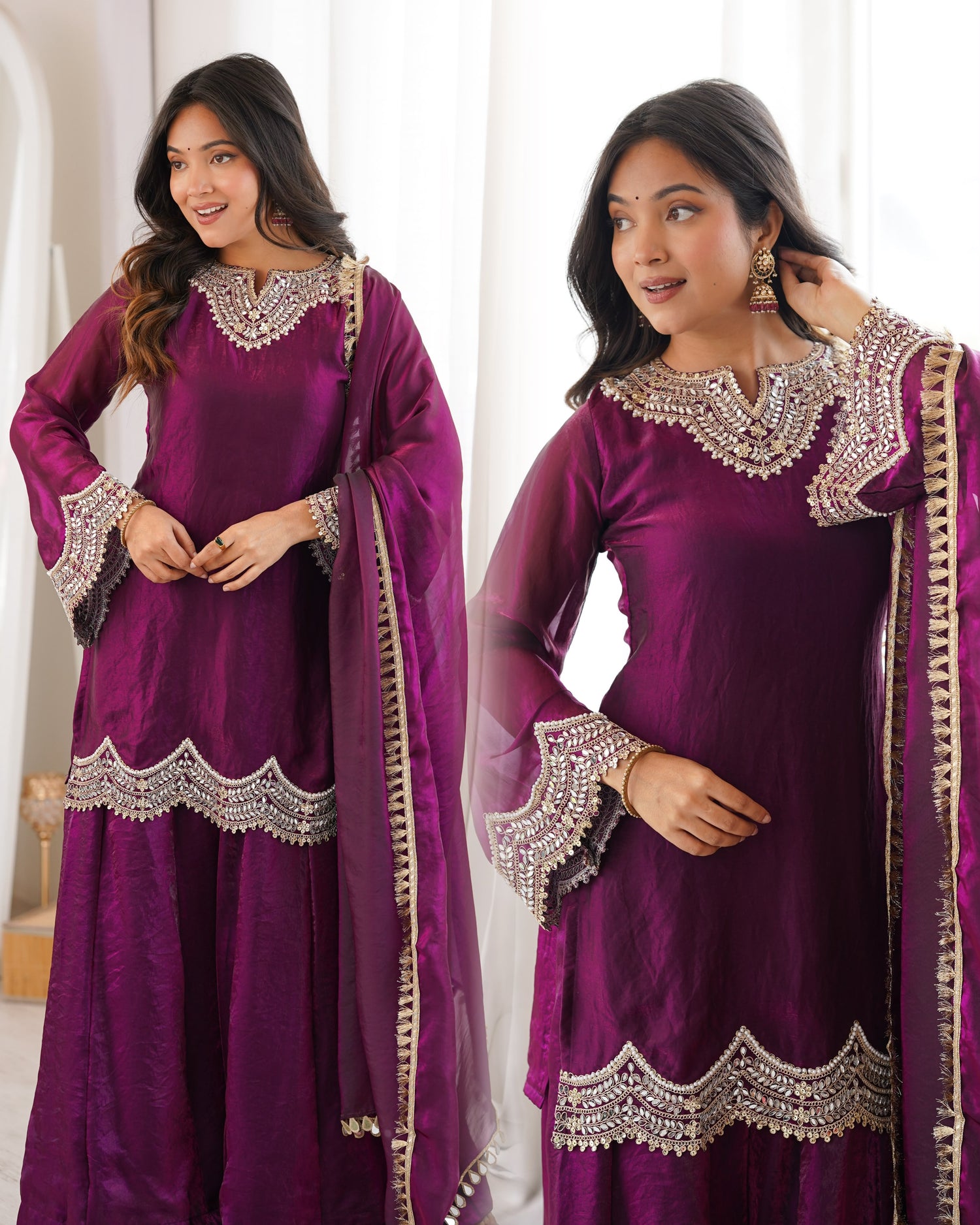 Women's Embroidered Fendy Silk Sharara Palazzo Set with Dupatta