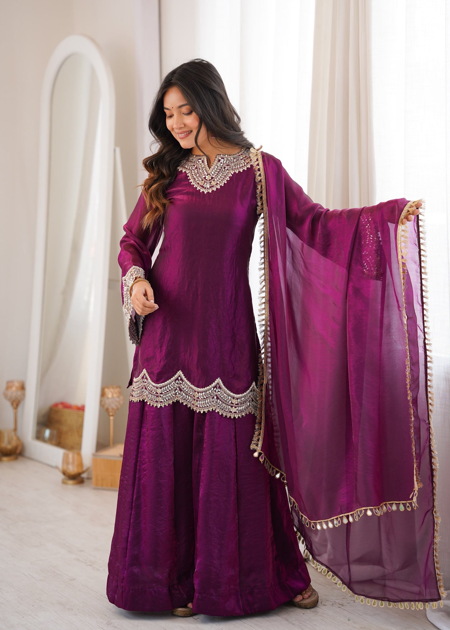 Women's Embroidered Fendy Silk Sharara Palazzo Set with Dupatta