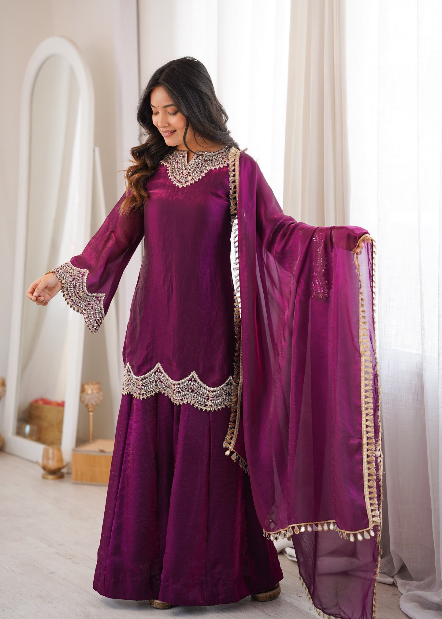 Women's Embroidered Fendy Silk Sharara Palazzo Set with Dupatta