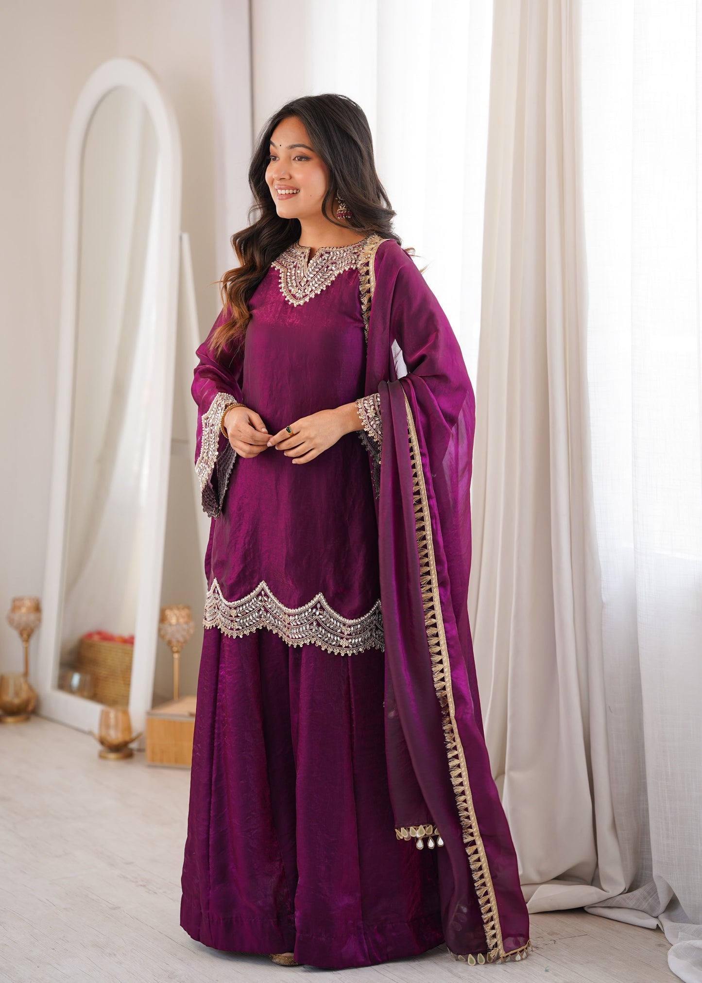 Women's Embroidered Fendy Silk Sharara Palazzo Set with Dupatta