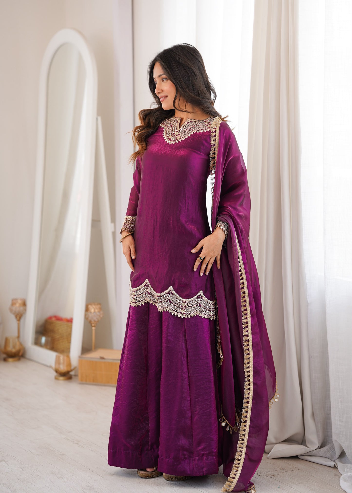 Women's Embroidered Fendy Silk Sharara Palazzo Set with Dupatta