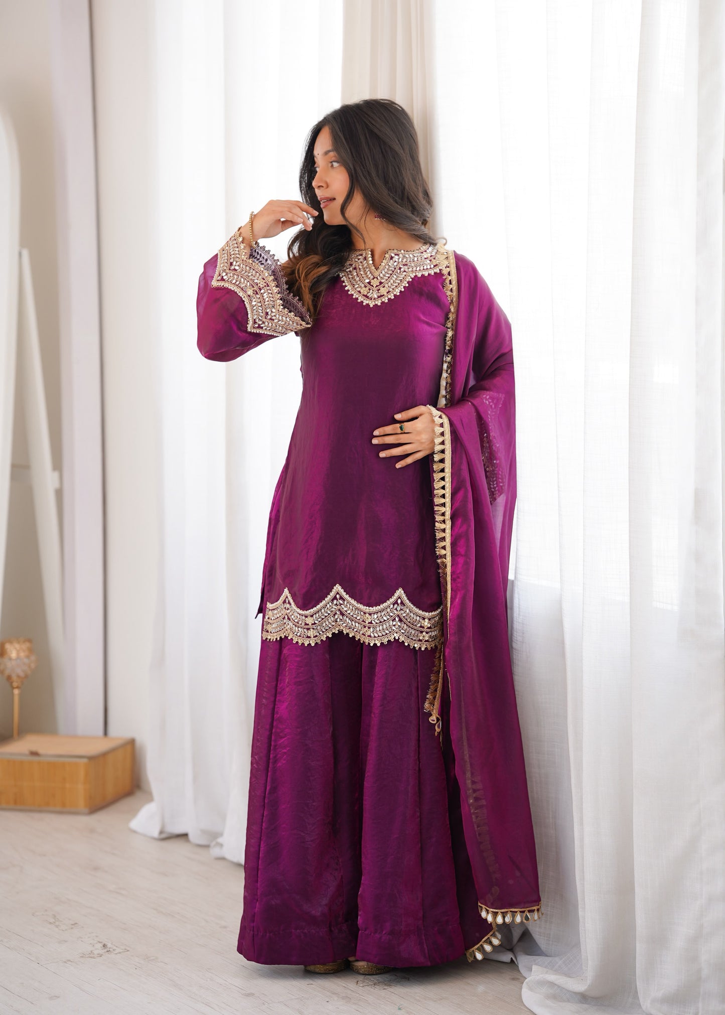 Women's Embroidered Fendy Silk Sharara Palazzo Set with Dupatta
